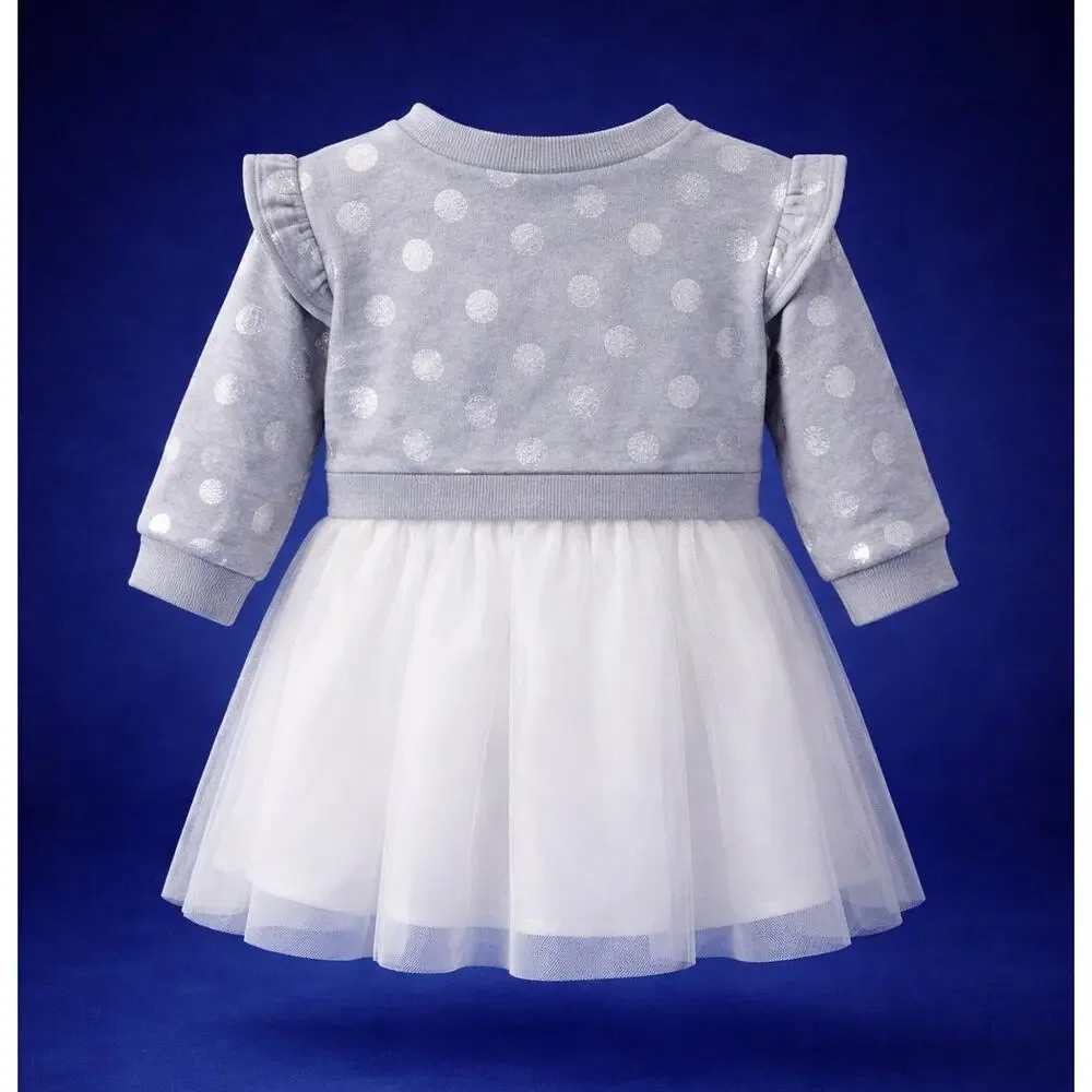 Roots & Threads Toddler Girls Sweatshirt Dress 18M Gray Silver Polka Dot Tulle